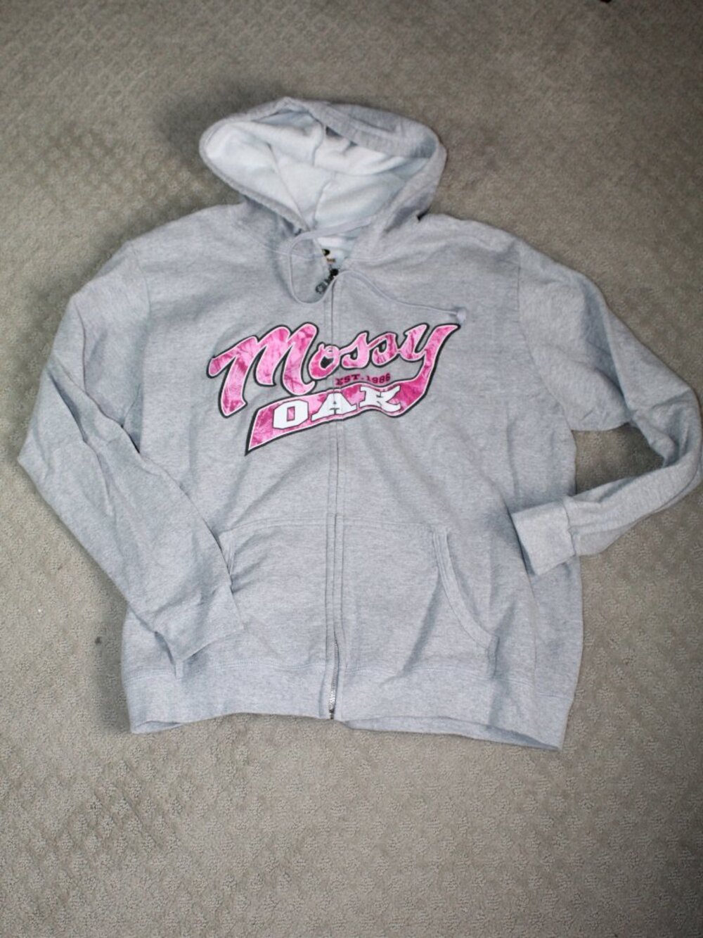 Mossy Oak Size XL Grey Pink Logo Long Sleeve Zip Up Hooded Jacket